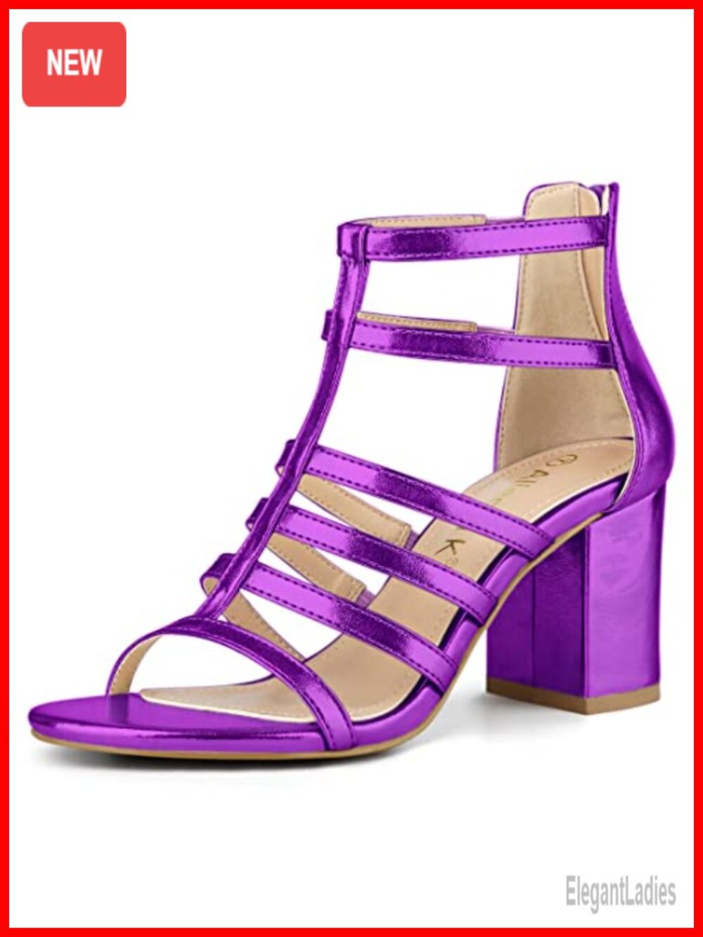 Chunky Heel Gladiator Sandals with Back Zipper, 3 Inch Heel, Faux Leather